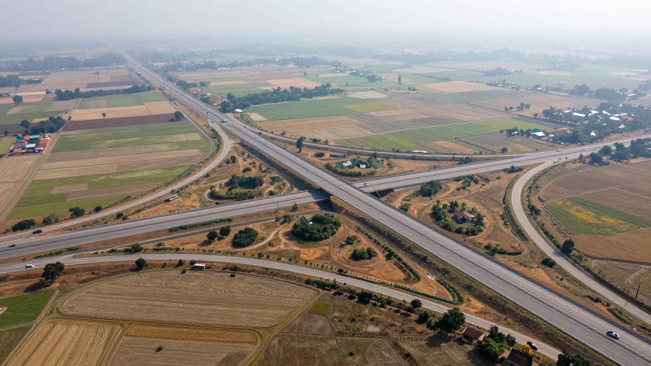 Aerial Cambodia Freeway Interchange Dry Season in high above irrigation geometry in Cambodia