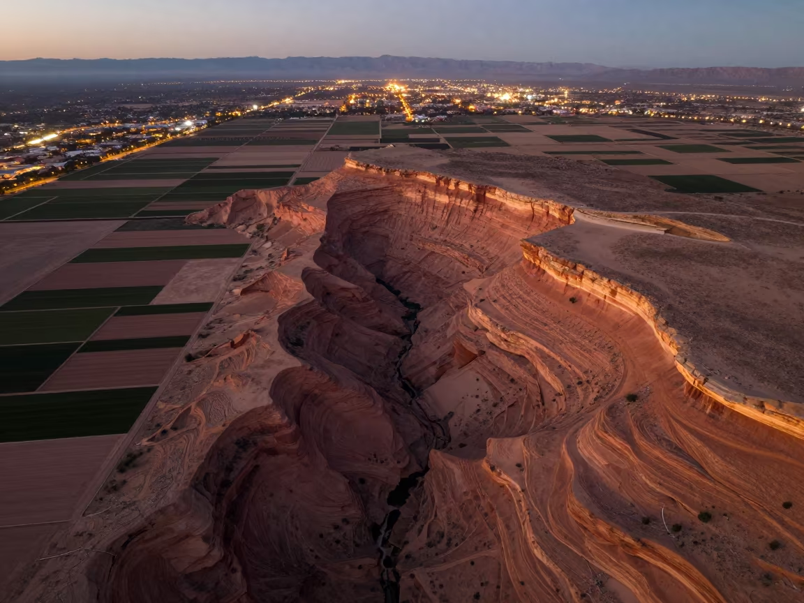 Aerial Canyon Shadow Over Ochre Plateau in high above irrigation geometry near Phoenix