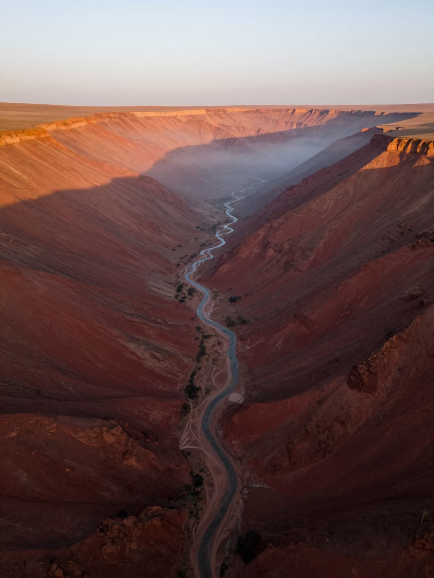 Aerial Canyon Shadow Slicing Ochre Namibia Plateau in high above braided river channels in Namibia