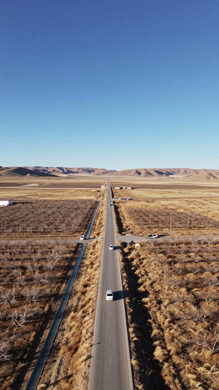Aerial Causeway Traffic Storm Clearing Lhasa in far above orchard blocks and irrigation lines near Sera, Lhasa