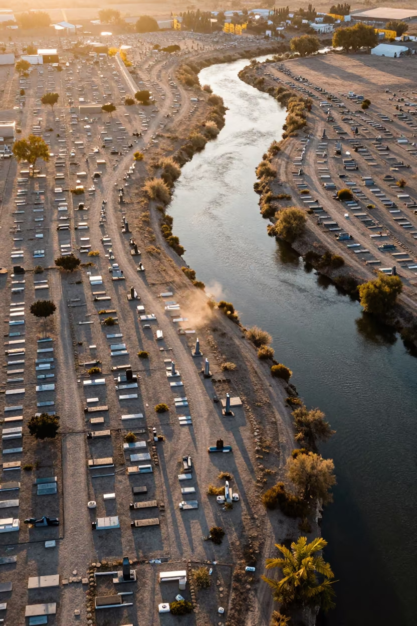 Aerial Cemetery Over Braided River at Sunset in high above braided river channels near Culiacán