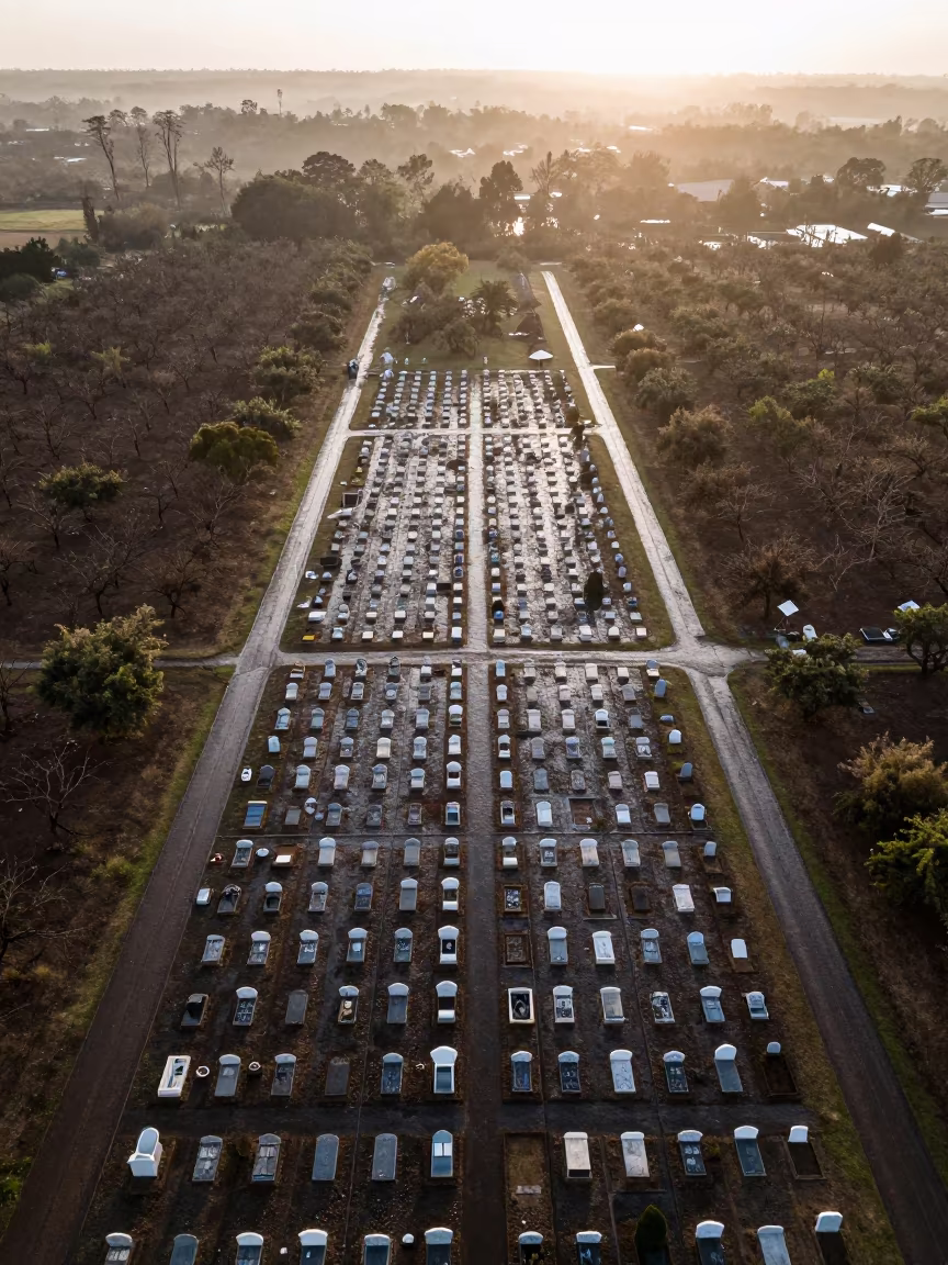 Aerial Cemetery Grid at Dawn in Malawi in far above orchard blocks and irrigation lines in Malawi