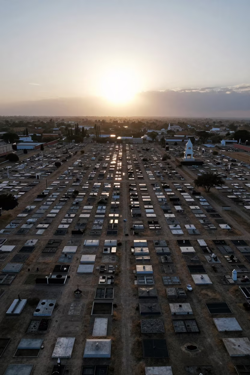 Aerial Cemetery Grid Silhouette Winter Light in high over greenhouse grids near Villahermosa