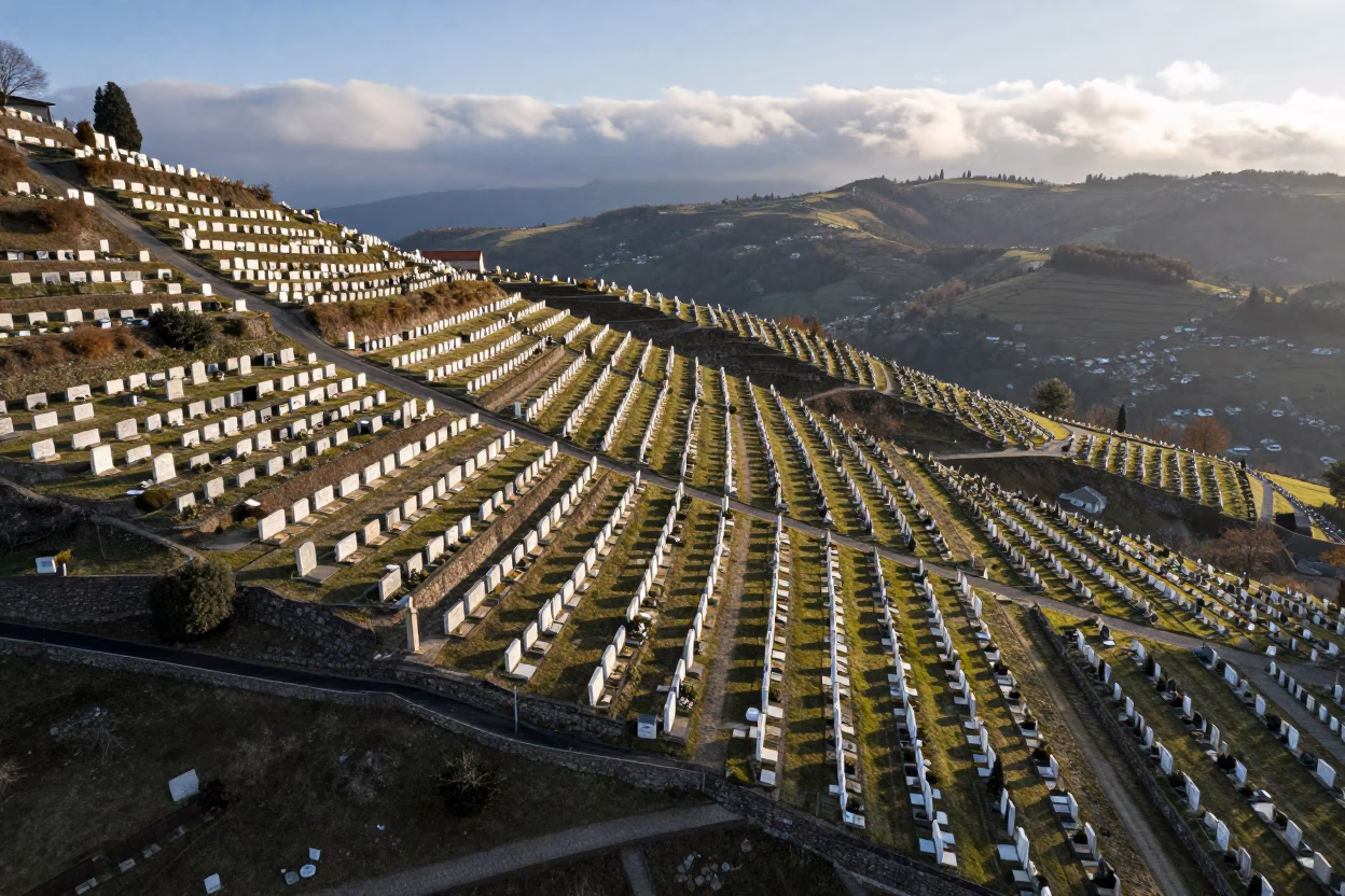 Aerial Cemetery Rows on Terraced Hillsides at Golden Hour in far above terraced hillsides in Piedmont