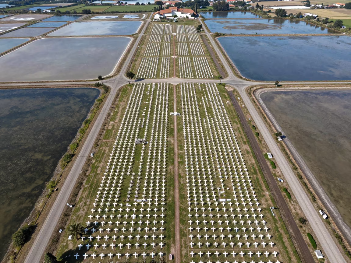 Aerial Cemetery Over Salt Ponds Near Forli in high over salt ponds and causeways near Forlì