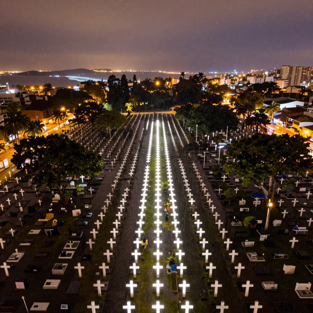 Aerial View Cemetery White Crosses Rain in far above surf-scalloped coastline in São Paulo state
