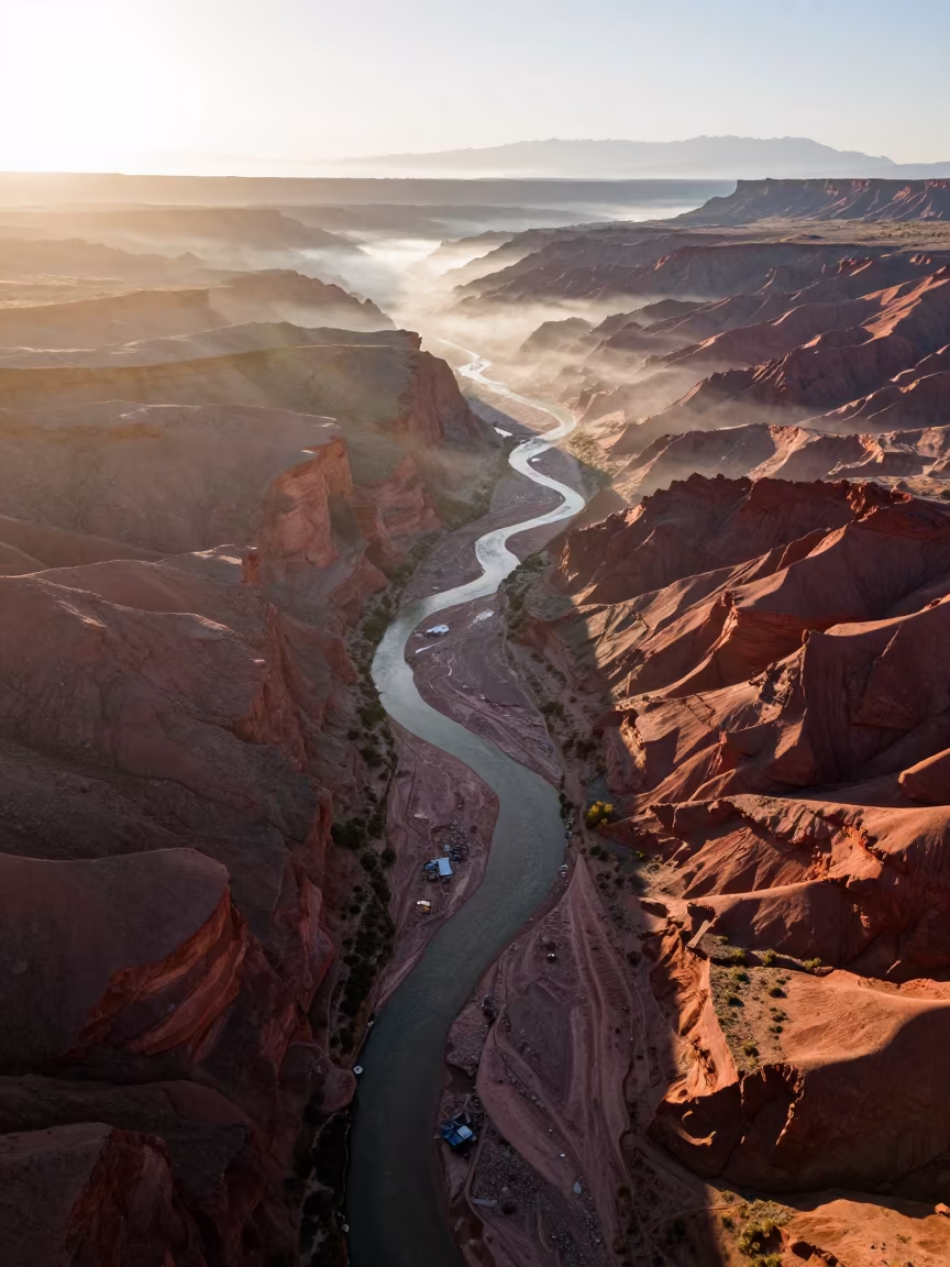 Aerial View of Chilean Canyon at First Light in high above braided river channels in Chile