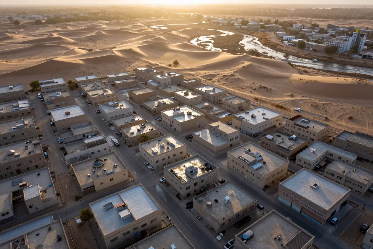 Aerial View of City Rooftops and Dunes in above dune fields and dry wadis near Kot Addu