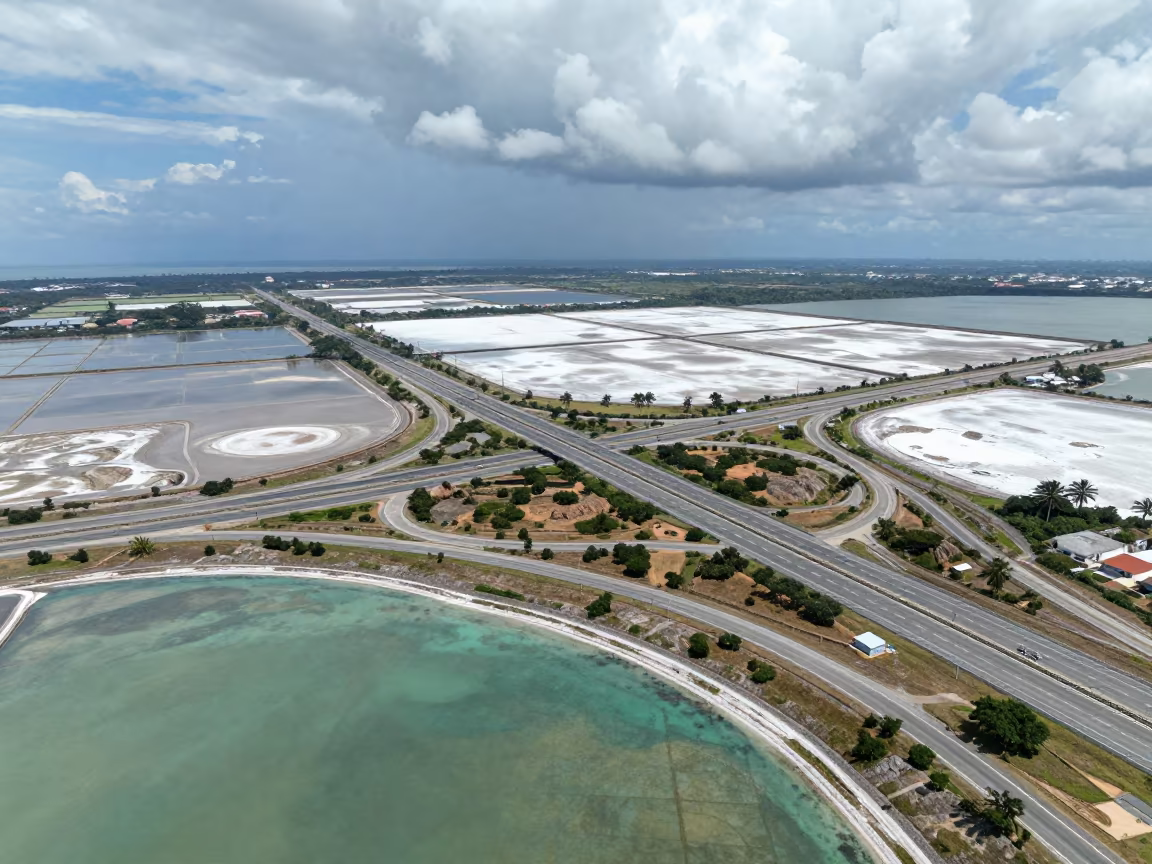 Aerial View of Cloverleaf Highway Over Salt Ponds in high over salt ponds and causeways in El Salvador