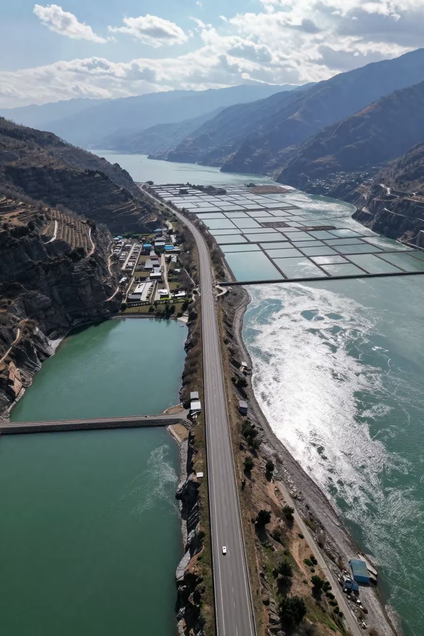 Aerial Coastal Highway Cliff Edge Salt Ponds in high over salt ponds and causeways in Uttarakhand