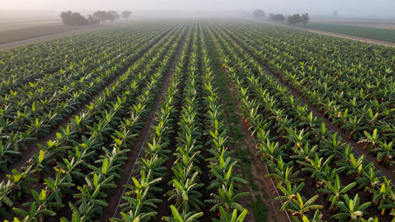 Aerial Cocoa and Banana Plantations Colorado Dawn in far above orchard blocks and irrigation lines in Colorado