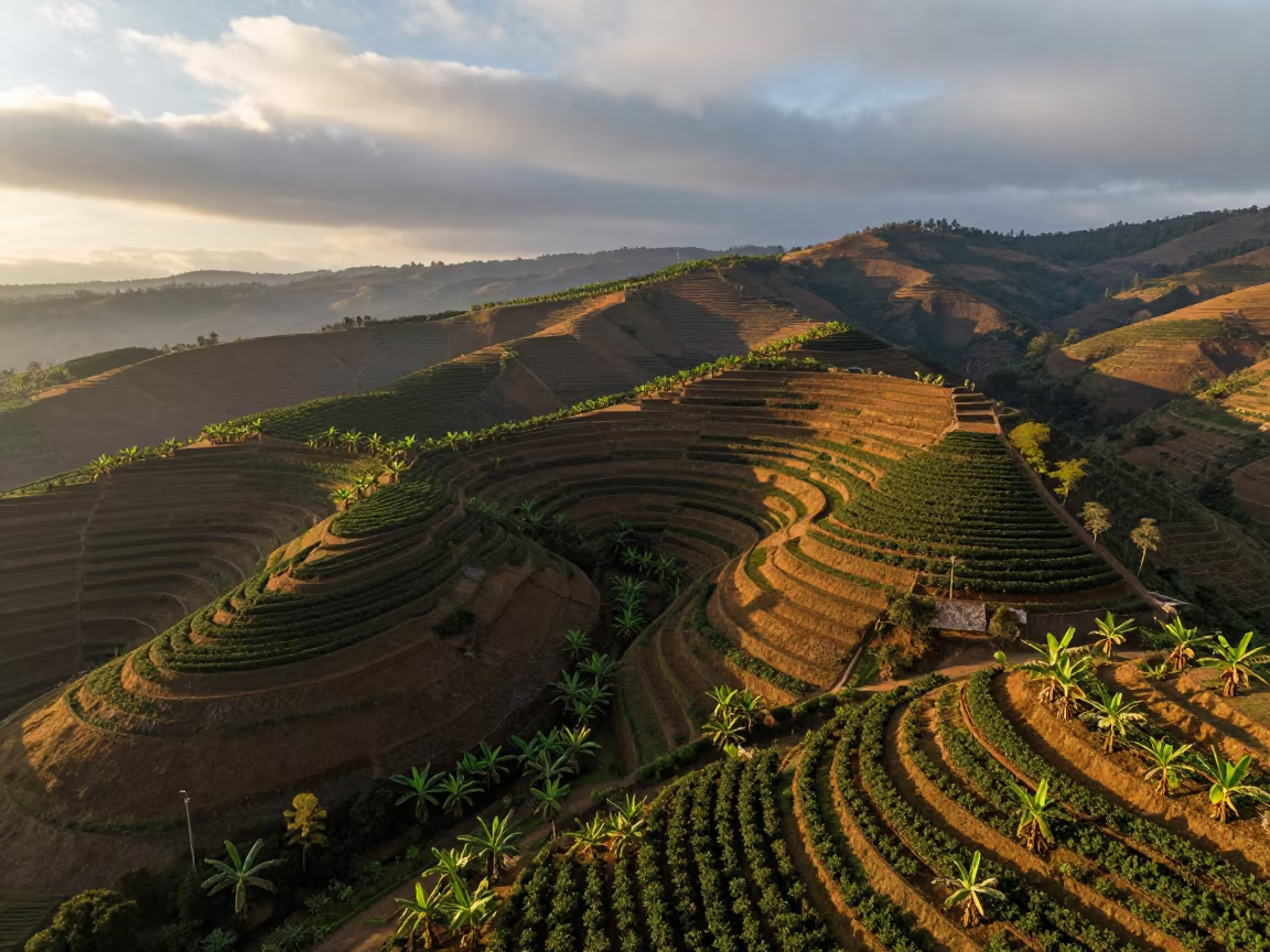 Aerial view of cocoa and banana plantations near Nampo in far above terraced hillsides near Nampo