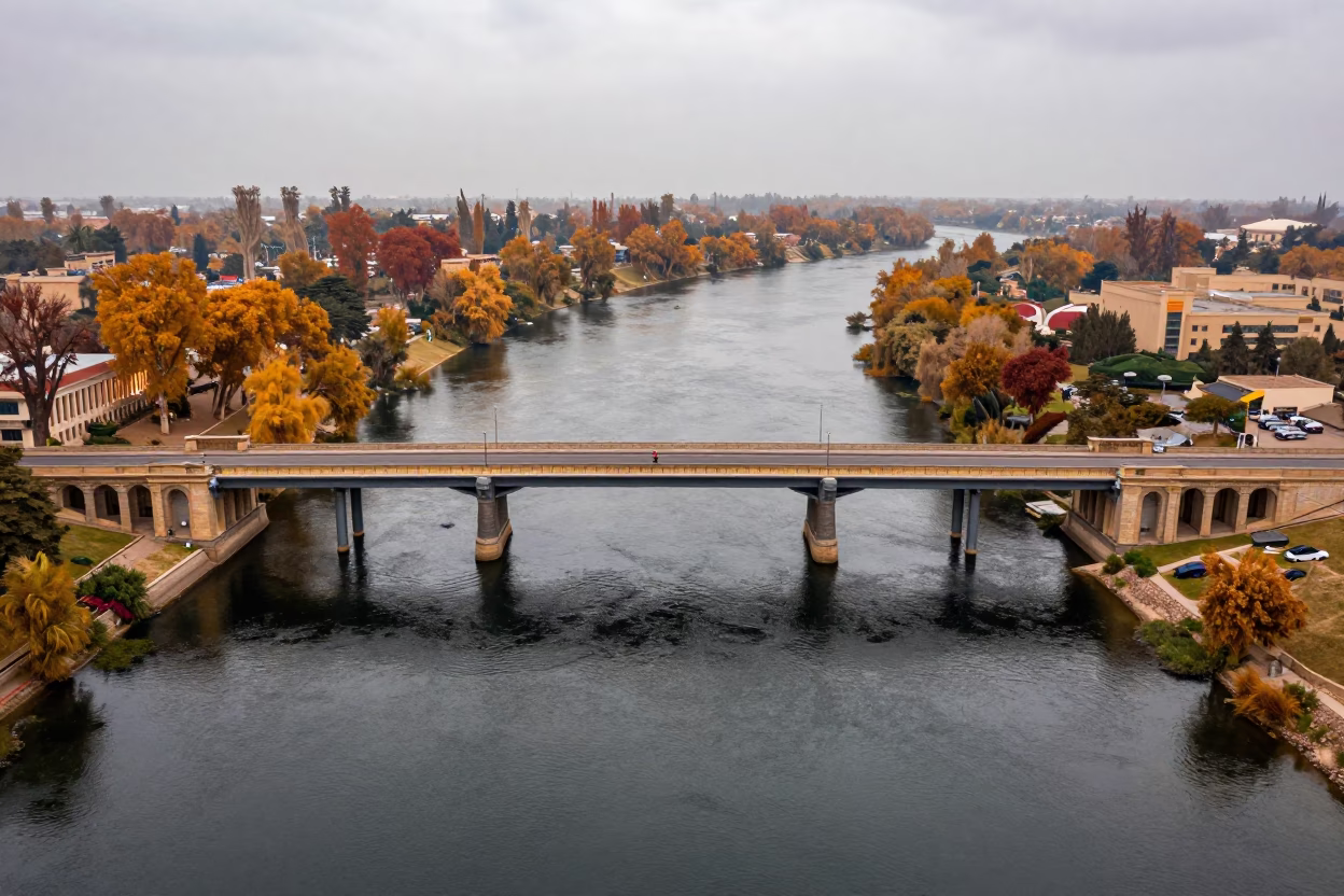 Aerial View of Colonnaded Bridge Over Nile Delta River in along a colonnaded facade in the Nile Delta