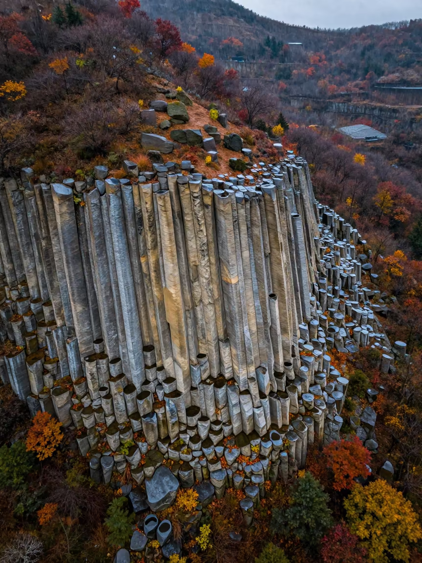 Aerial Columnar Basalt Over Tennessee Hills in far above terraced hillsides in Tennessee