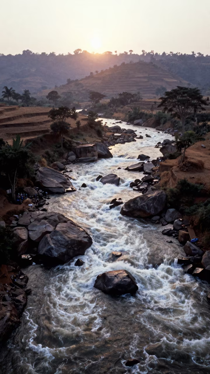 Aerial Congo Rapids Before Sunrise in far above terraced hillsides in Congo