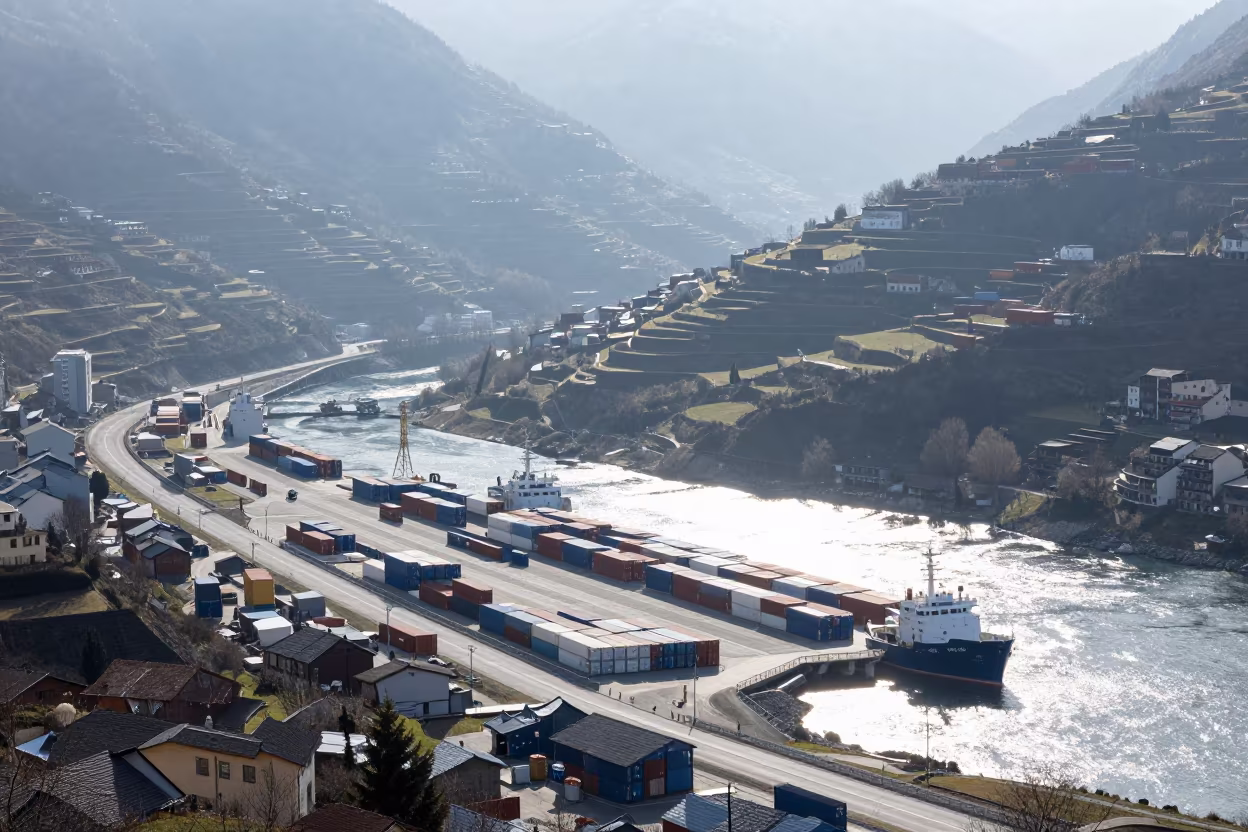 Aerial View of Container Piers Andorra in far above terraced hillsides in Andorra