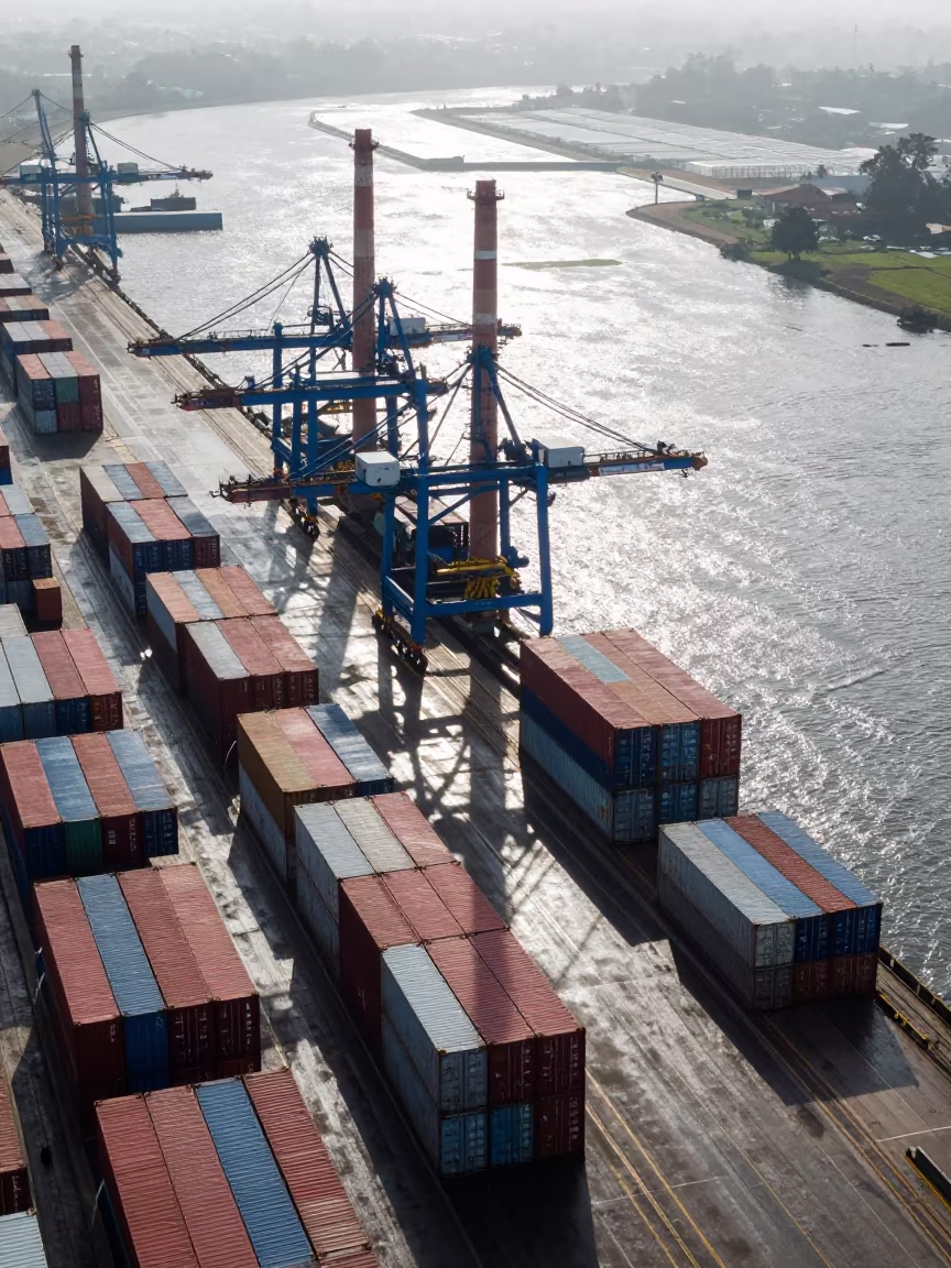 Aerial View of Container Piers and Chimney Shadows in high over greenhouse grids near Kumasi