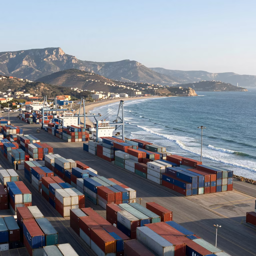 Aerial View of Container Piers Sardinia Shore Break in far above terraced hillsides in Sardinia