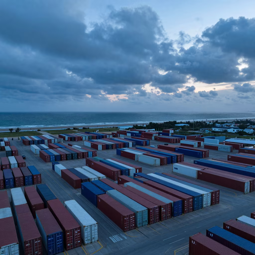 Aerial Container Rows at Blue Hour Near Coast in far above surf-scalloped coastline near Şanlıurfa