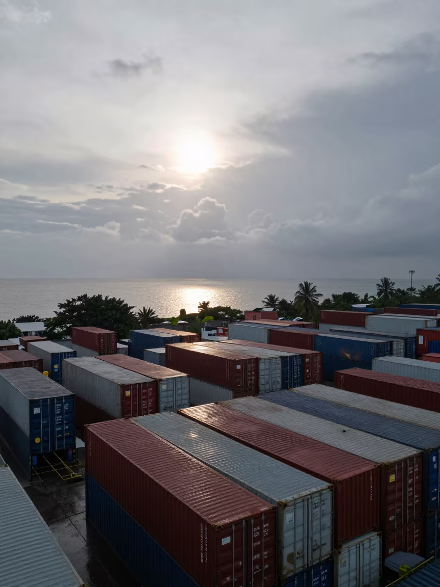 Aerial Container Rows Denpasar Evening Light in high above patterned rooftops near Denpasar