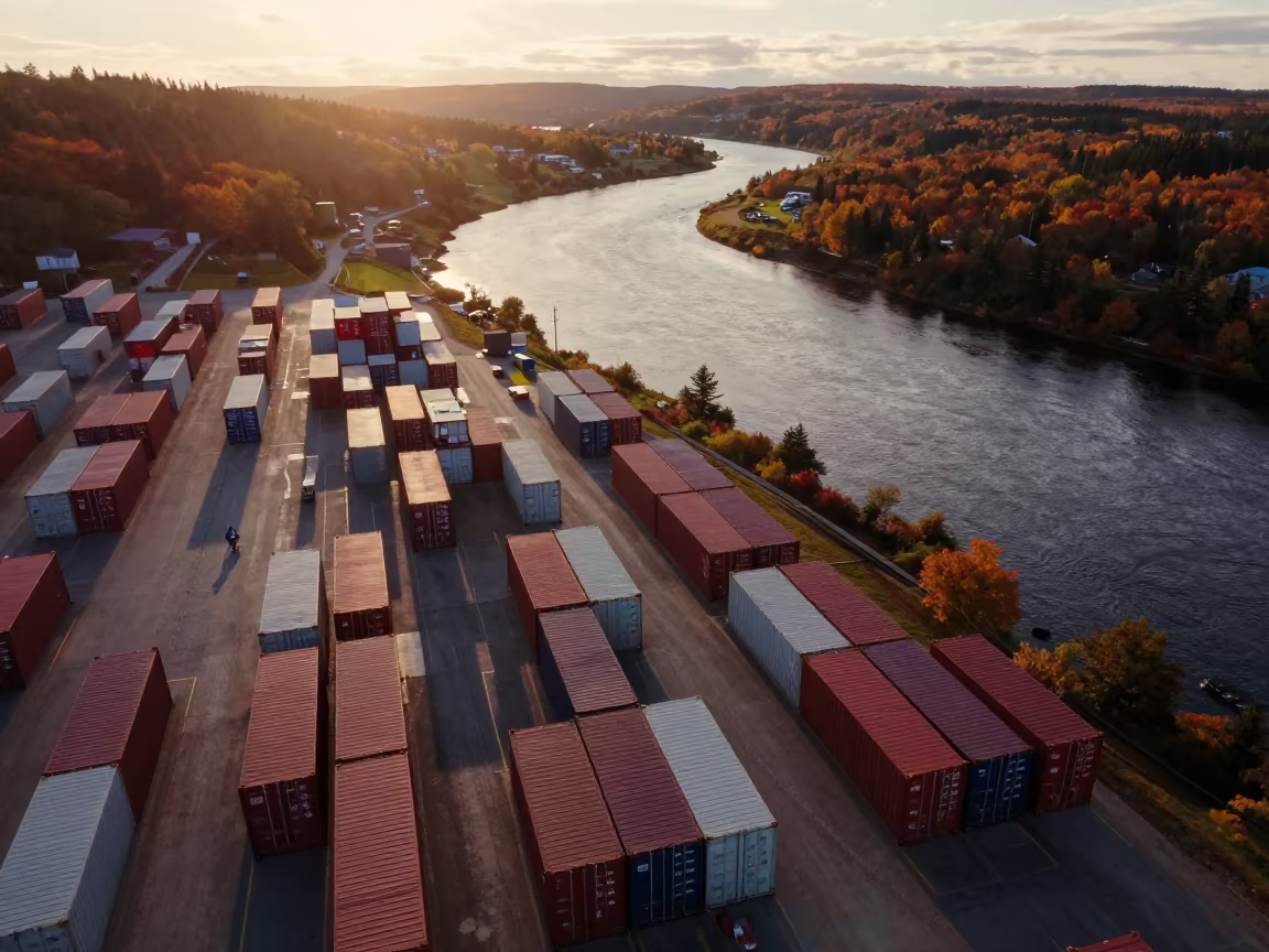 Aerial Container Rows Over Newfoundland River in far above river meanders in Newfoundland