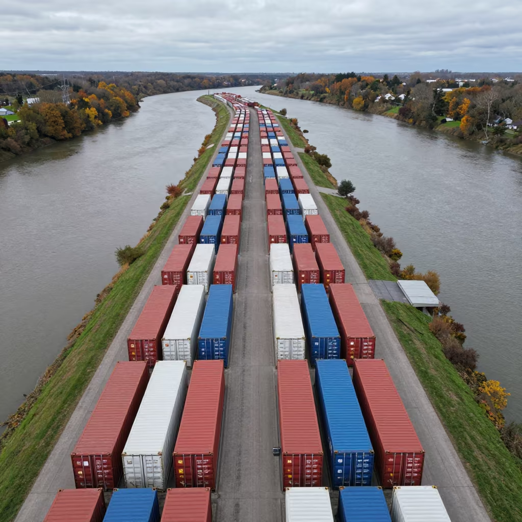 Aerial View of Container Rows Over Oslo River in far above river meanders near Oslo