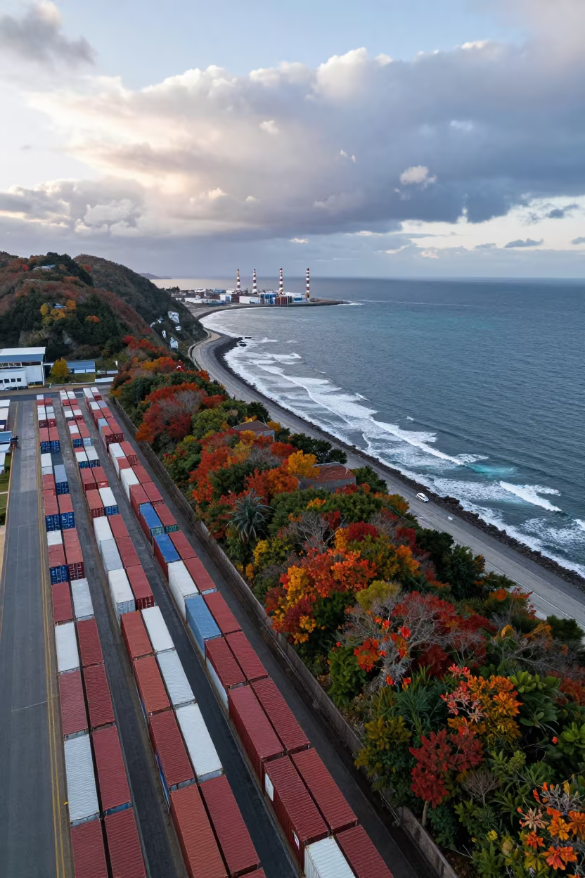 Aerial Container Rows Over Autumn Shikoku Coast in far above surf-scalloped coastline in Shikoku