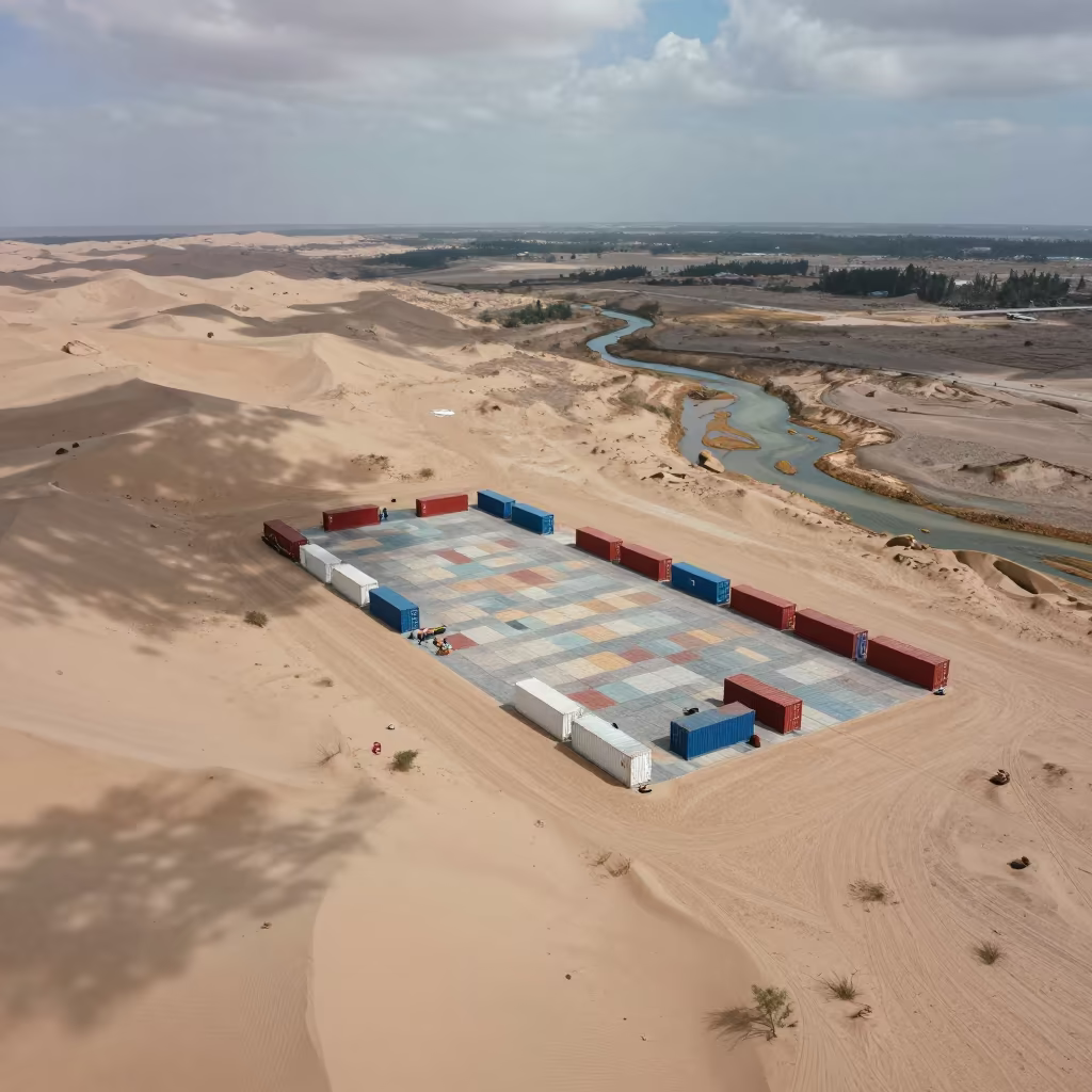 Aerial View of Container Tiles Over Dunes in above dune fields and dry wadis in the Great Barrier Reef