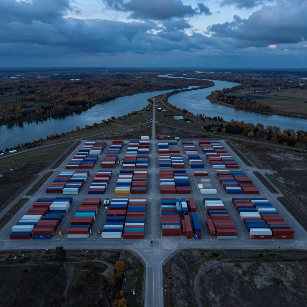 Aerial View of Containers Like Tiles Above River in far above river meanders near Nizip