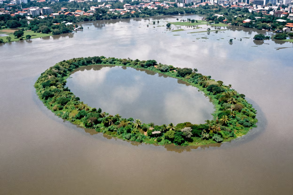 Aerial Coral Atoll Reflection Floodplain Rio in across a floodplain after rain near Centro, Rio de Janeiro