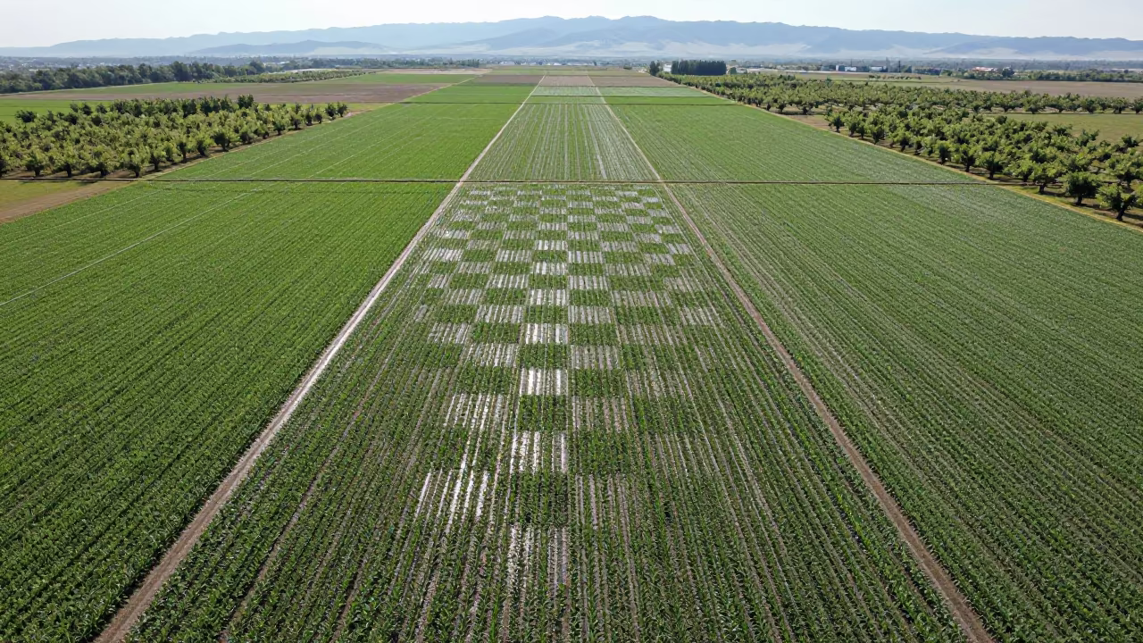 Aerial View of Corn and Soybean Fields in Anand in far above orchard blocks and irrigation lines near Anand