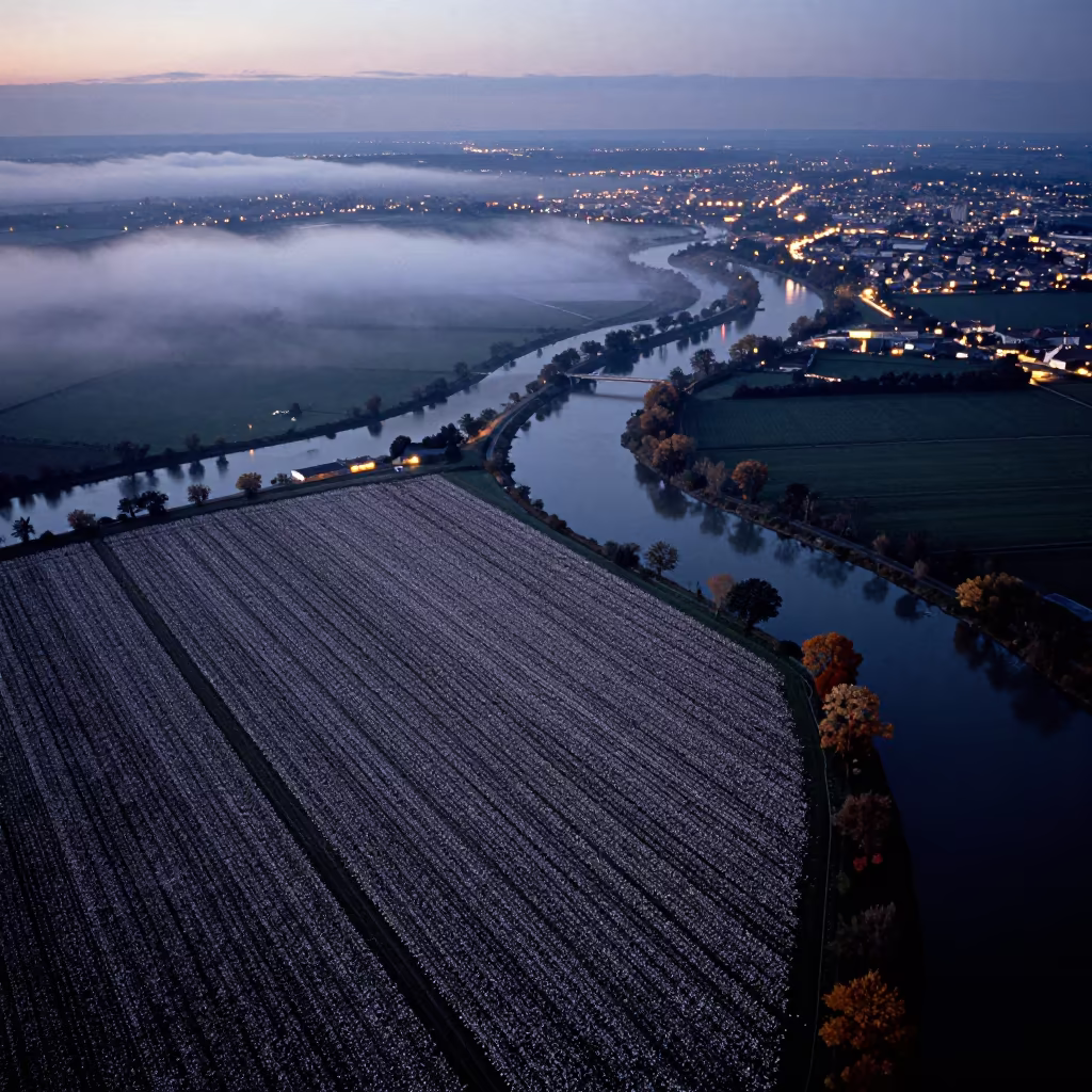 Aerial Cotton Fields and River Light Near Bordeaux in high above braided river channels near Bordeaux