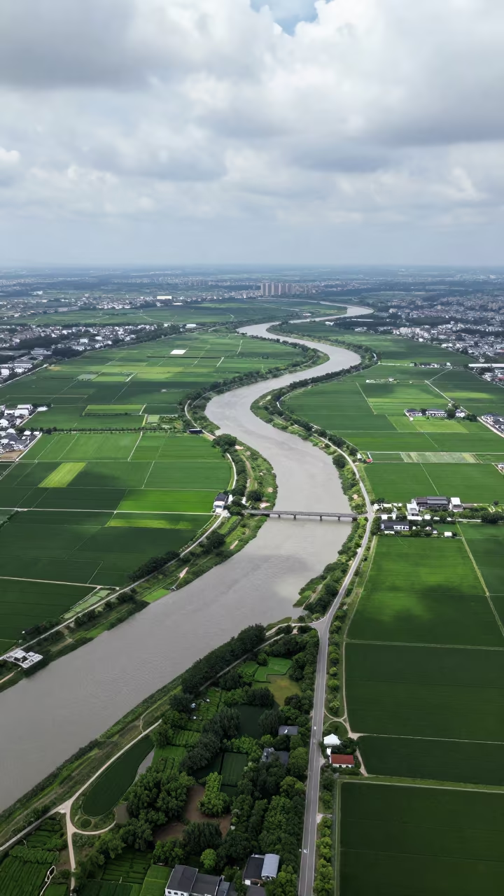 Aerial Country Lanes Near Zhujiajiao Shanghai Fields in high above braided river channels near Zhujiajiao, Shanghai