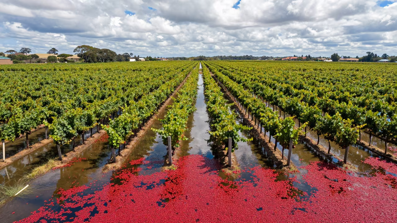 Aerial View of Cranberry Bog Harvest in Soweto in between vineyard trellises in Soweto