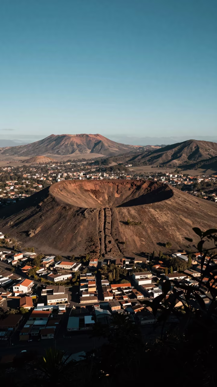 Aerial Crater Chain Above El Alto Rooftops in high above patterned rooftops near El Alto, La Paz