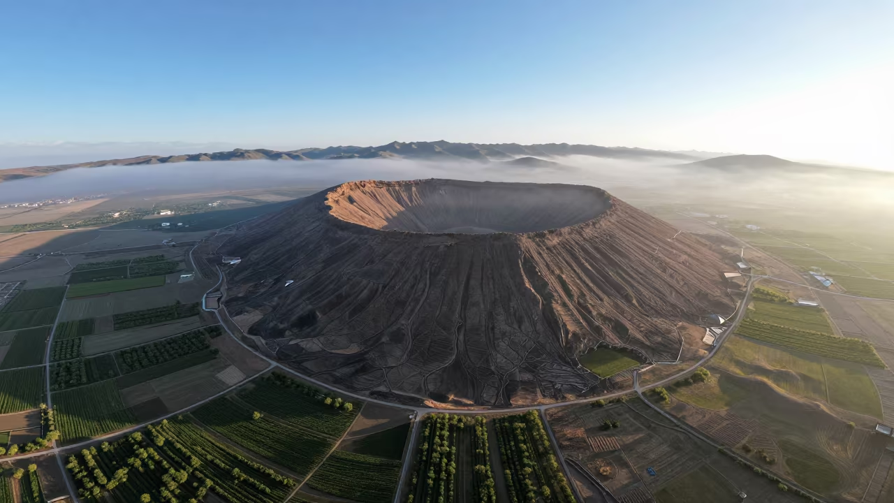 Aerial Crater Chain Tibet Plateau Spring Fog in far above orchard blocks and irrigation lines in Tibet