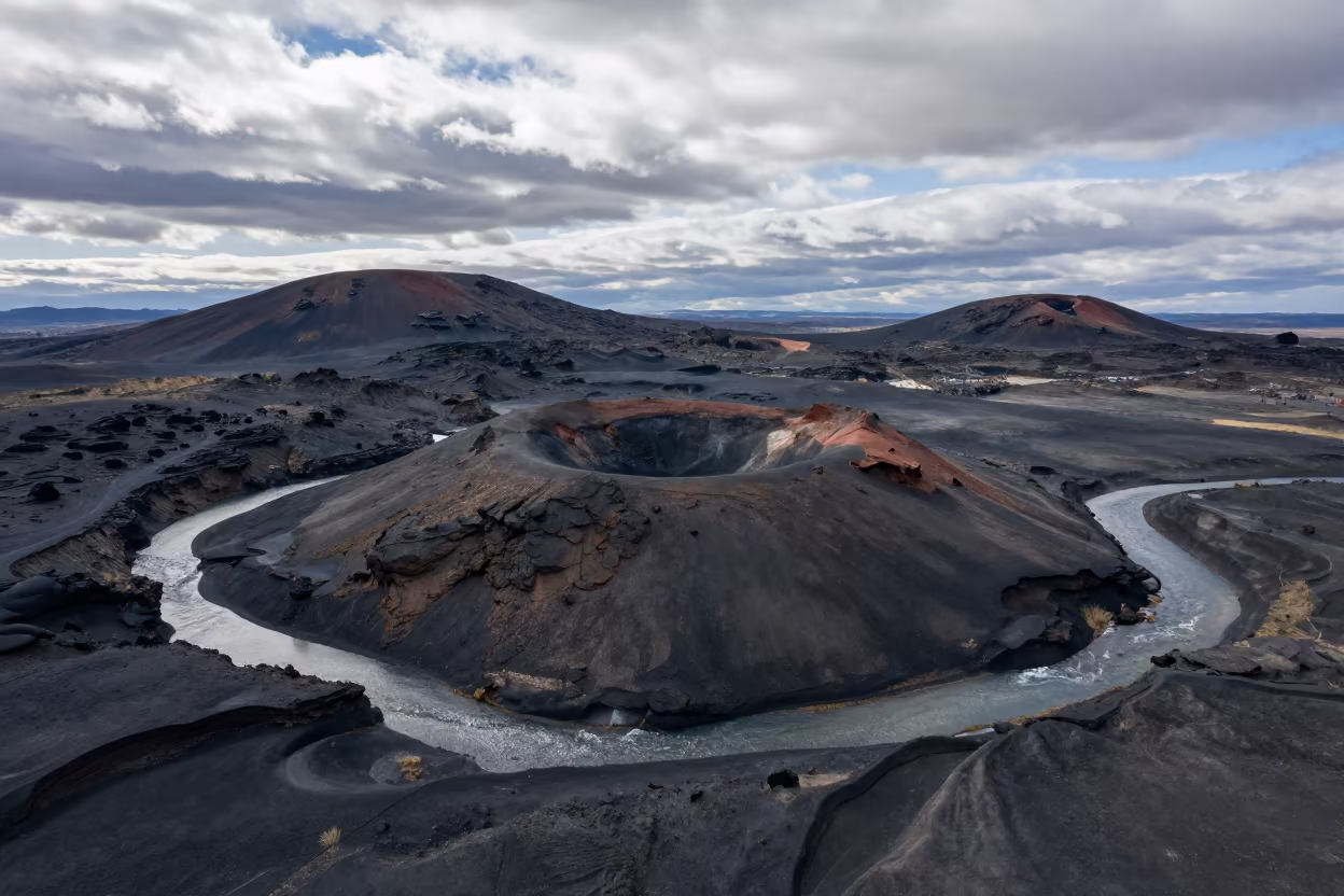 Aerial Crater Chain Volcanic Plateau Zermatt in high above braided river channels near Zermatt