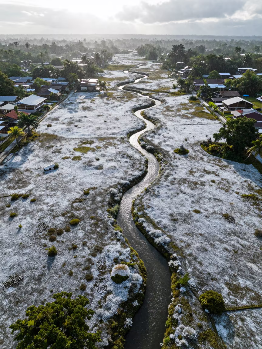 Aerial view of creek winding through snowy meadow in Belize in high above patterned rooftops in Belize