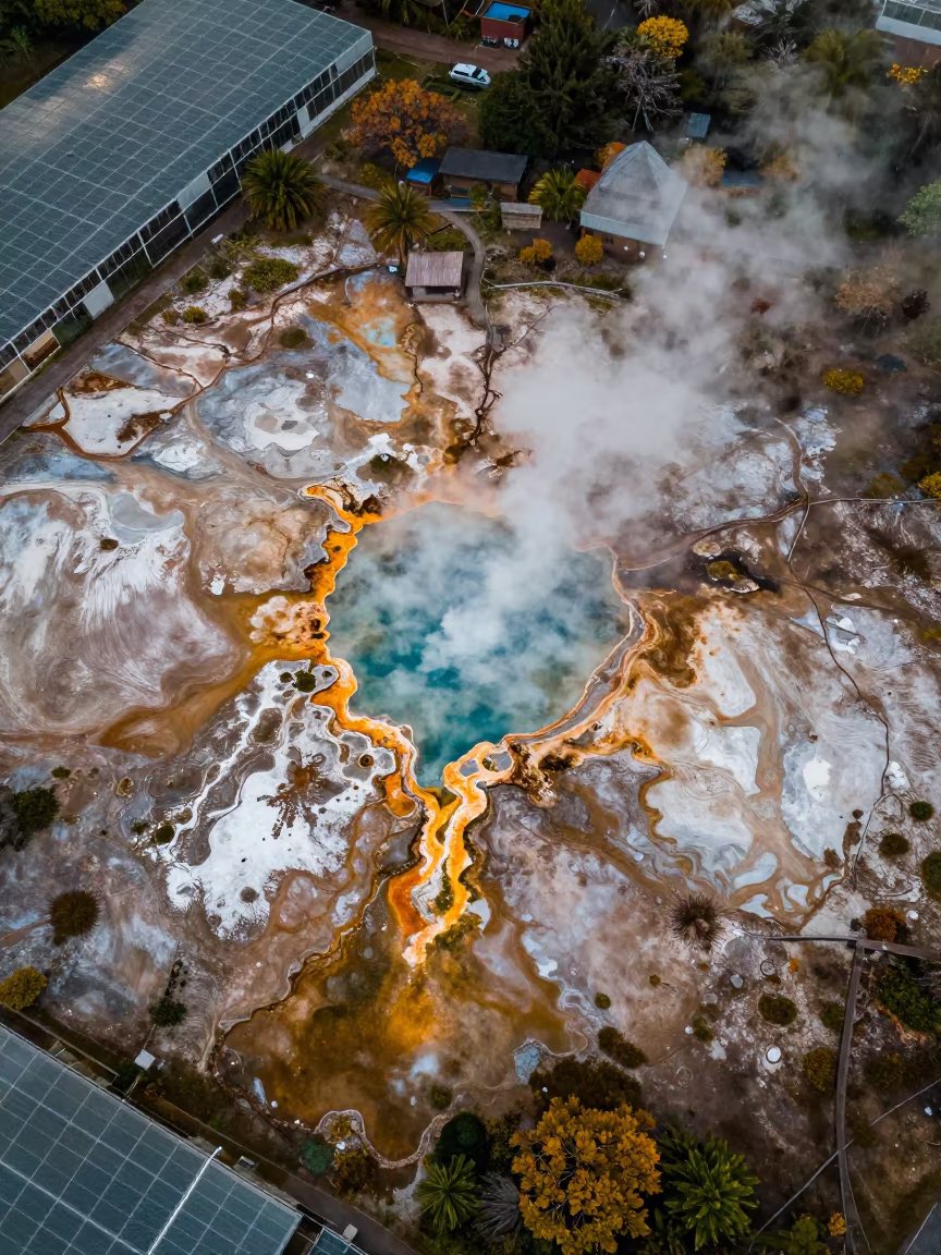 Aerial View of Cuban Geothermal Hot Springs in high over greenhouse grids in Cuba