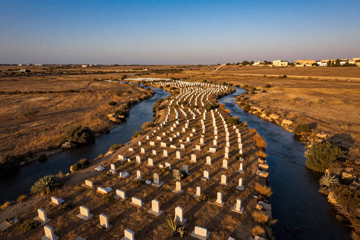 Aerial Cypress Cemetery Amber Sunset in high above braided river channels in Cyprus