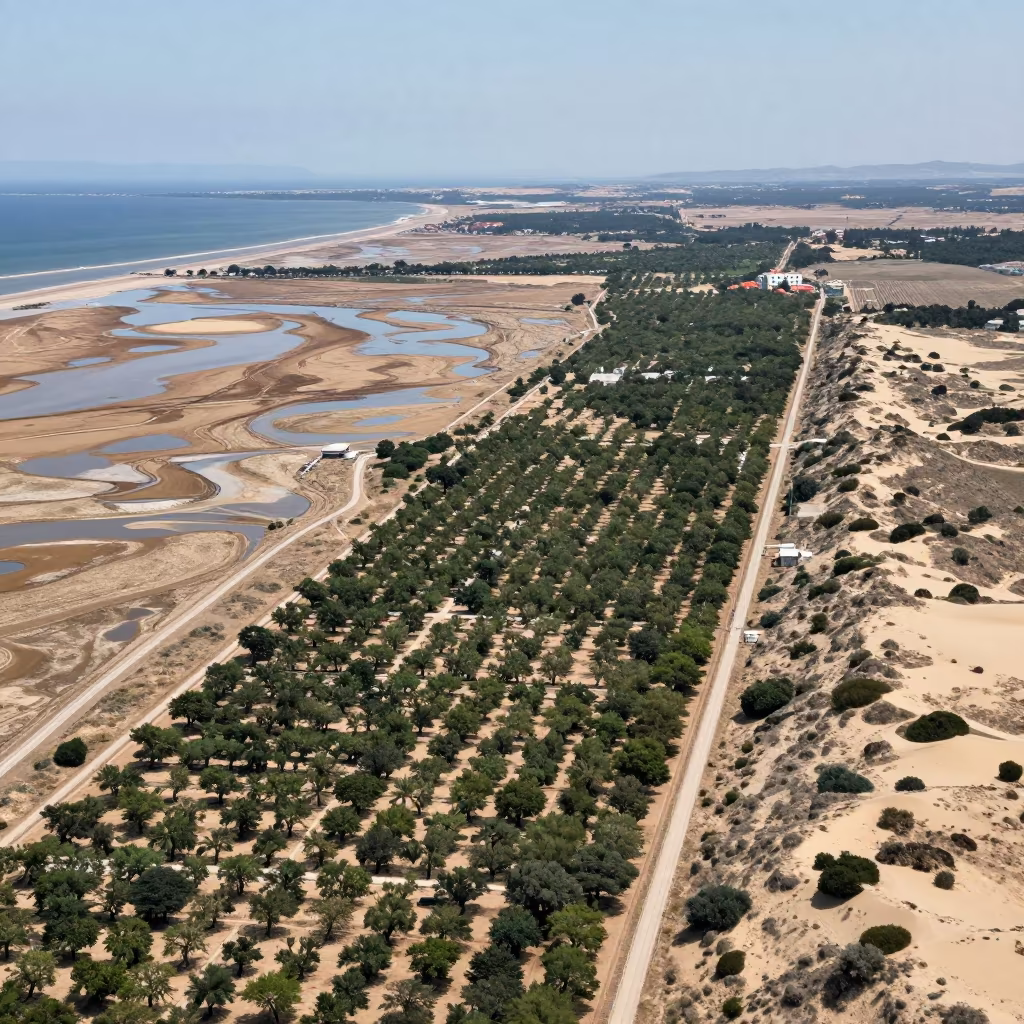 Aerial Dalmatian Orchard Grids Shore Break in above dune fields and dry wadis in Dalmatia