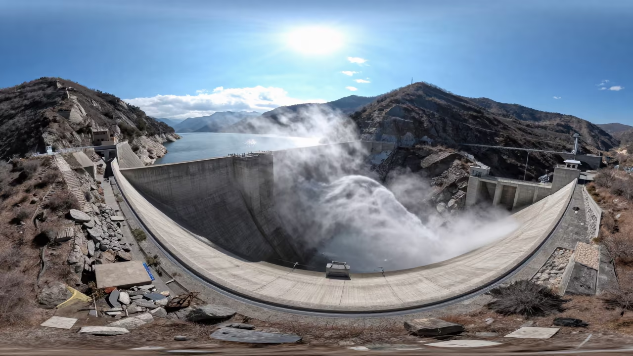 Aerial Dam Reservoir Spillway Spray Mountain Light in above a spillway chute with spray rising near Divo