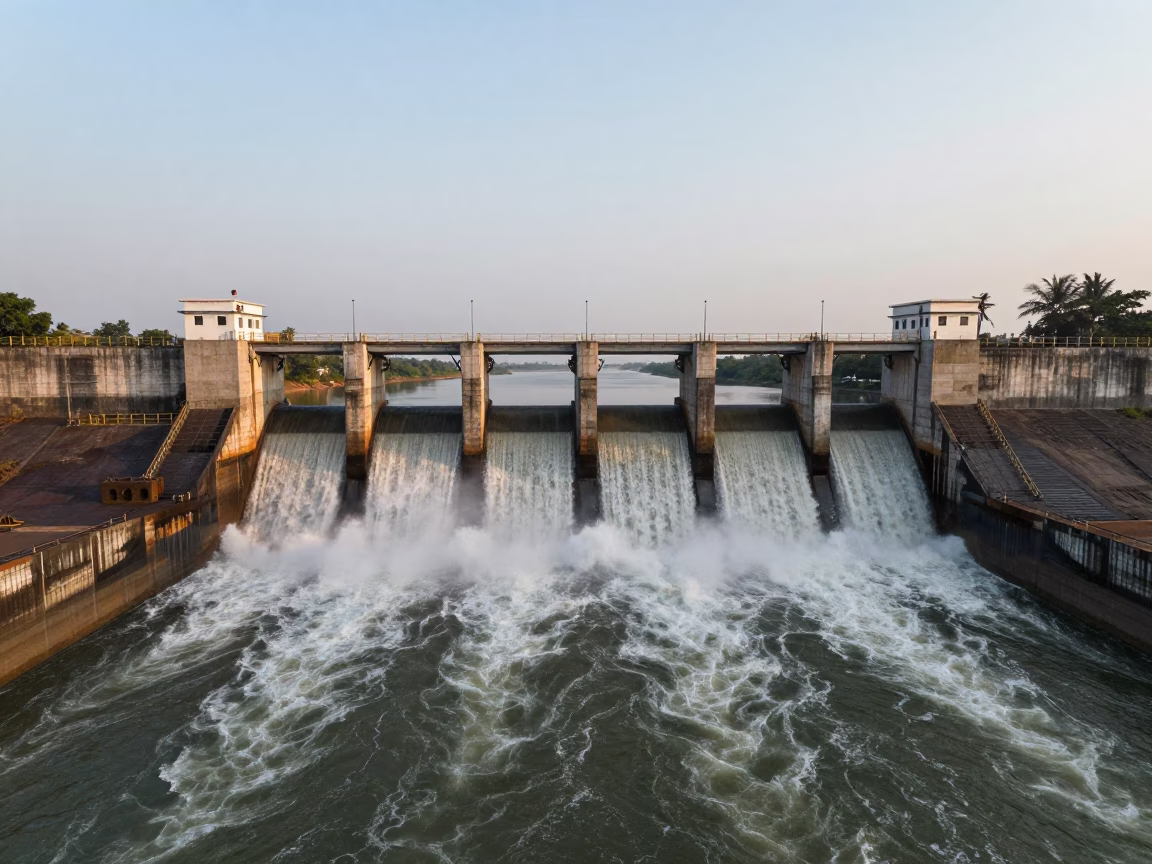 Aerial Dam Spillway at Dawn with Foaming Water in above a spillway chute with spray rising in Akola