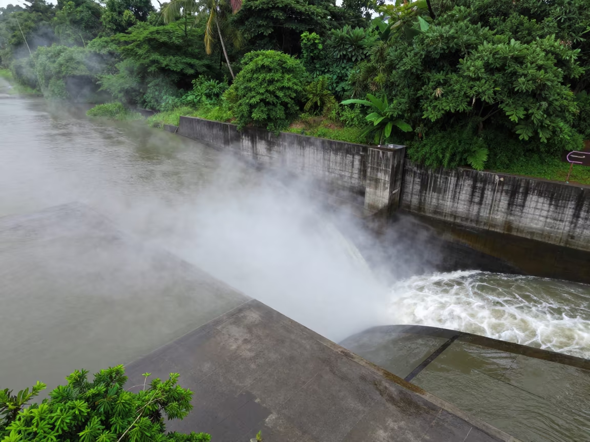 Aerial View of Dam Spillway Amidst Rainy Season Mist in above a spillway chute with spray rising near Alleppey