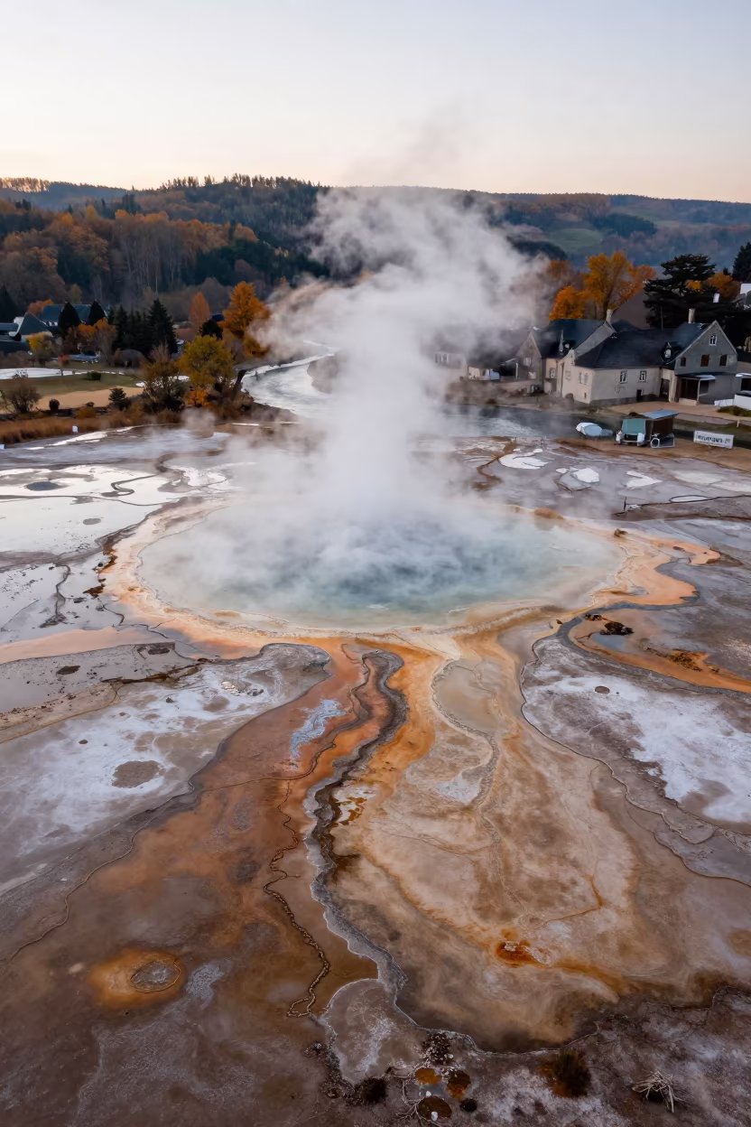 Aerial Dawn View of Burgundy Hot Springs in Mist in far above river meanders in Burgundy