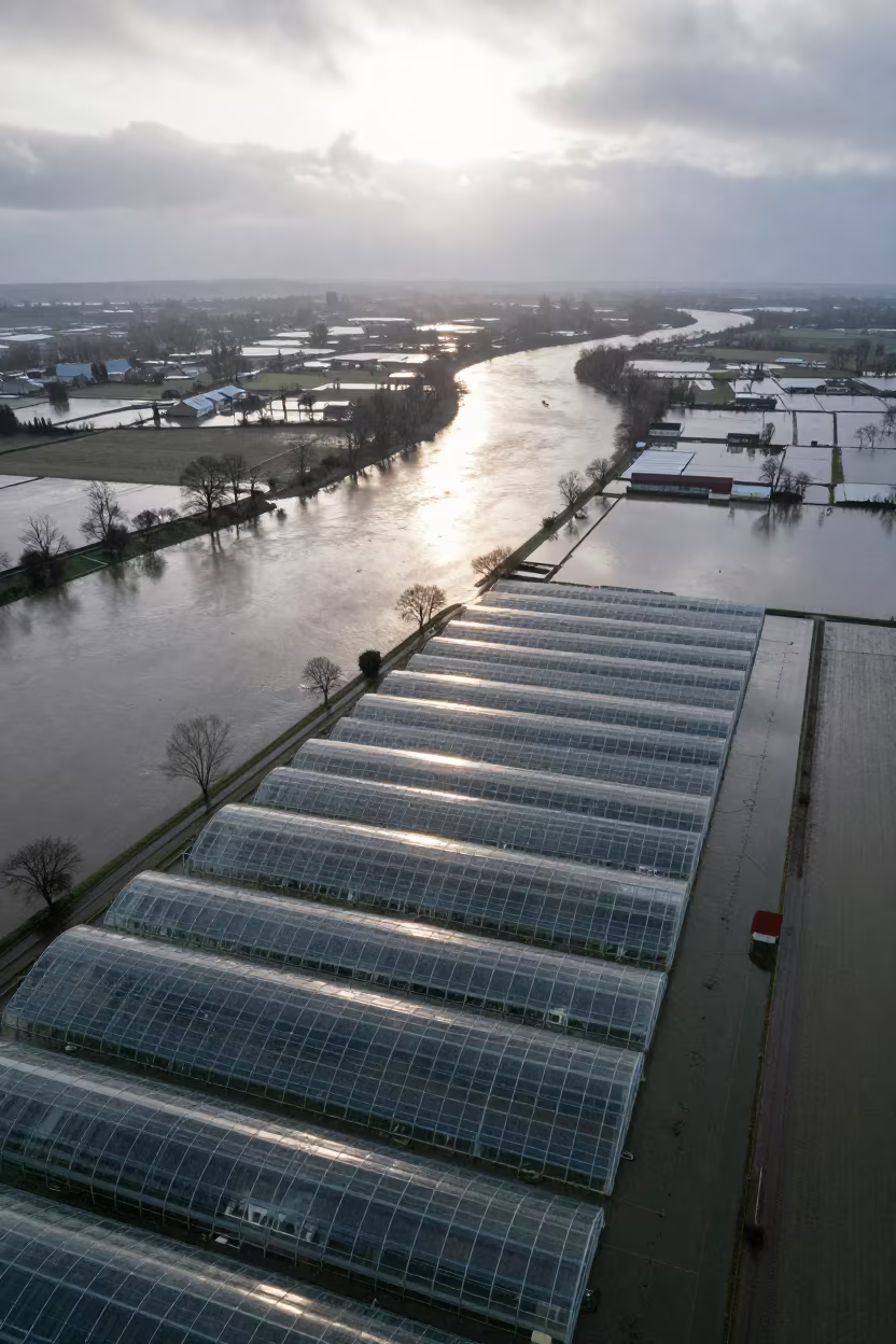 Aerial Dawn View Flooded Burgundy Greenhouses in high over greenhouse grids in Burgundy