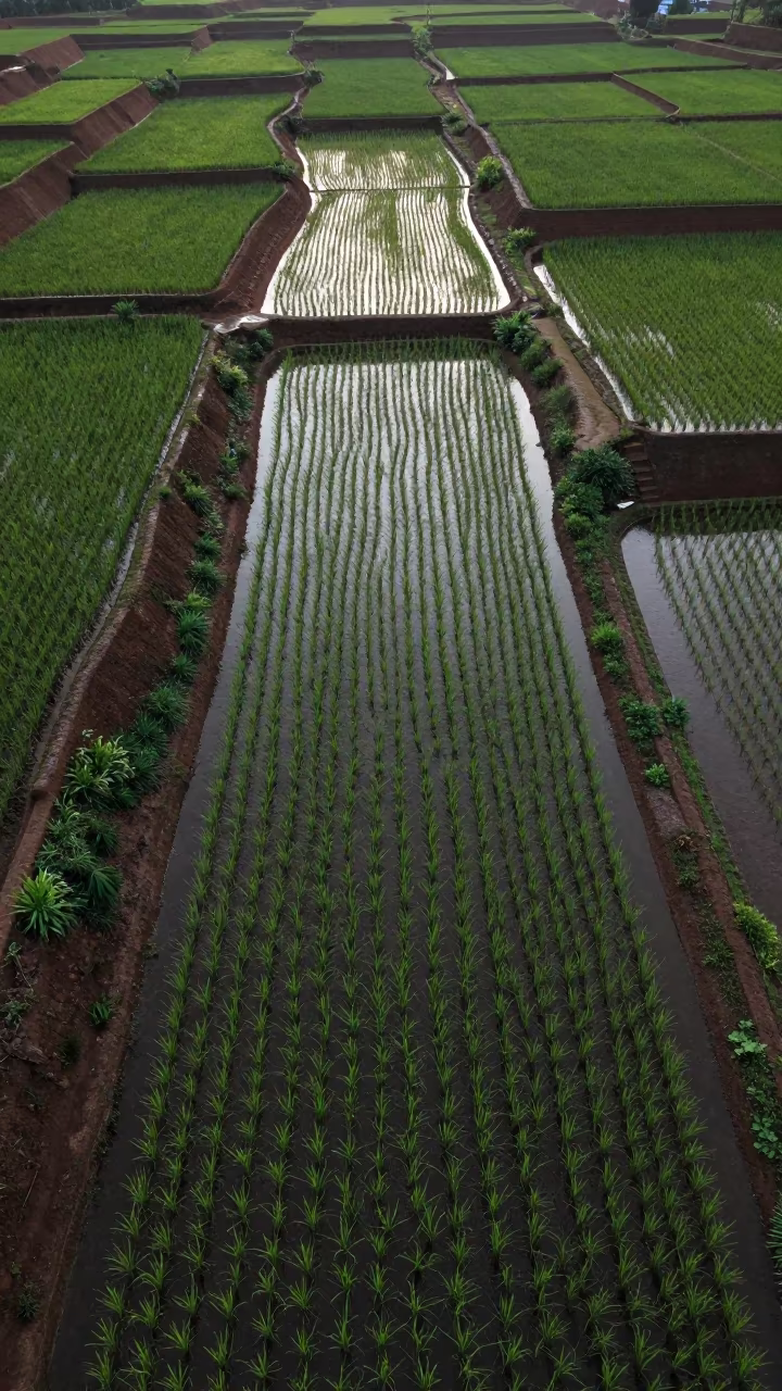 Aerial Dawn Over Irrigated Rice Terraces in Goa in along freshly irrigated rows in Goa