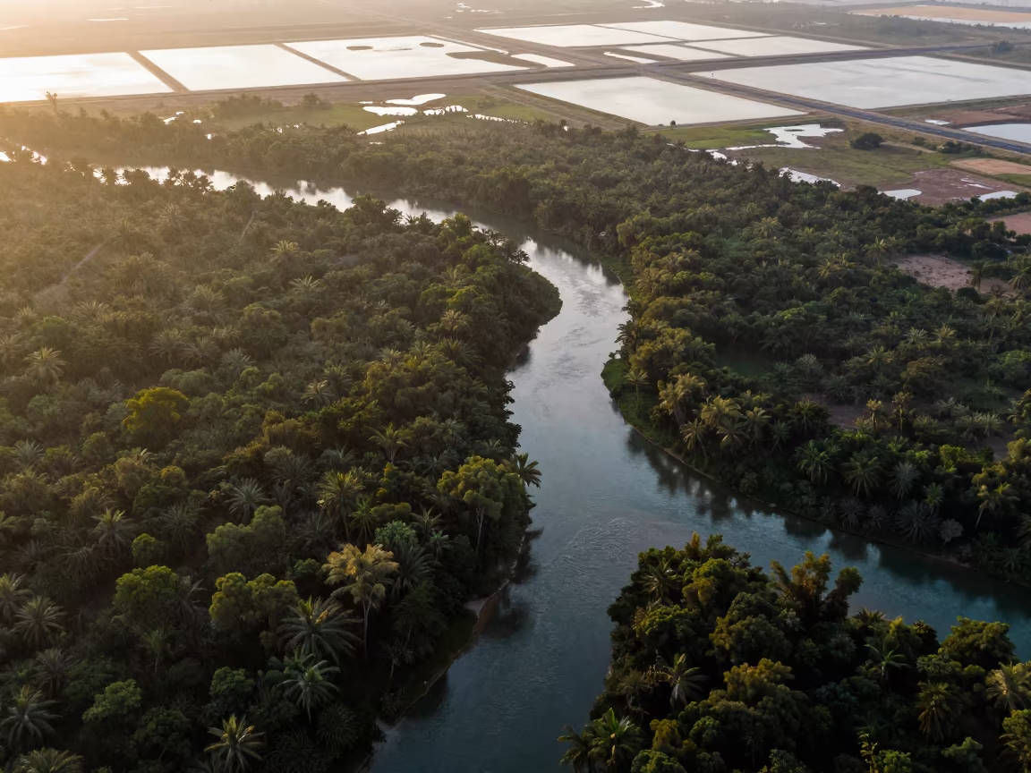 Aerial Dawn River Through Forest Canopy UAE in high over salt ponds and causeways in United Arab Emirates