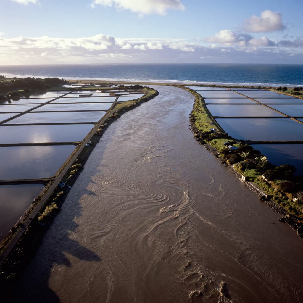 Aerial Dawn River Meets Ocean Muddy Swirls in high over salt ponds and causeways in New Zealand