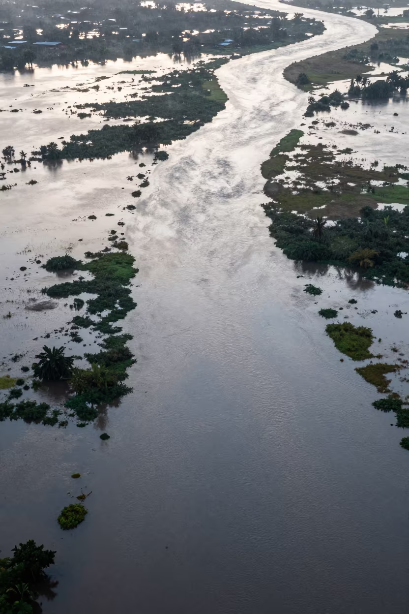 Aerial Dawn View of Togo River Plain in far above river meanders in Togo